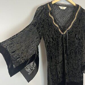 Sagaie Paris Black Velvet Semi Sheer Tunic Blouse Gold Accent M